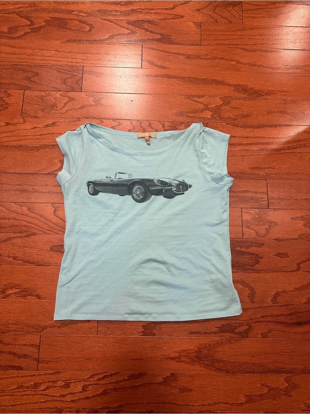 Light Blue Women's Short Sleeve Tee with Car Graphic
